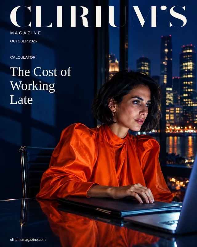 A woman in an orange blouse at a desk against the night city.
