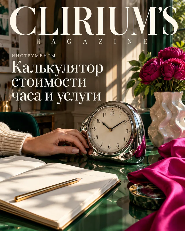 Обложка «Калькулятор стоимости часа и услуги»: настольные часы, блокнот и ручка на зелёном столе.