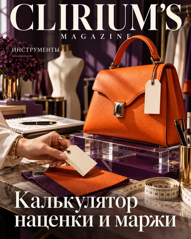 Обложка «Калькулятор наценки и маржи»: оранжевая сумка с ценником на столе мастерской.