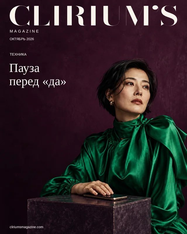 Женщина в зелёной блузе отворачивается от телефона, положив на него руку.