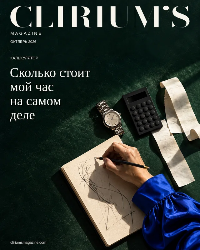 Рука с карандашом, блокнот, часы, калькулятор и чеки на зелёном столе.