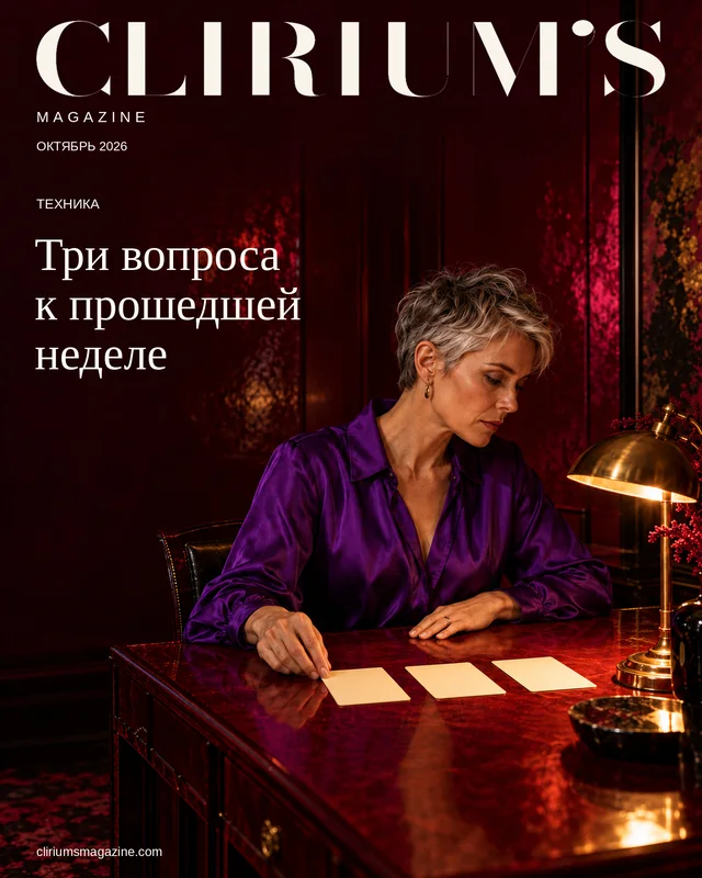 Женщина в фиолетовой блузе раскладывает три карточки на красном столе.